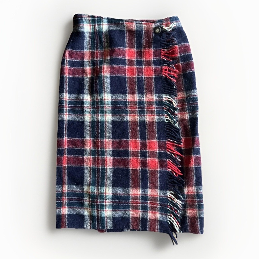 Vintage Eddie Bauer Skirt Womens 30‎ Wool Tartan Plaid Wrap Fringe Midi 80s USA